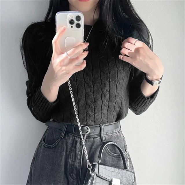 Japanese Sweater Preppy Style Short Cable knit Sweater Round Neck Long Sleeve Black - Shop at LoveMi