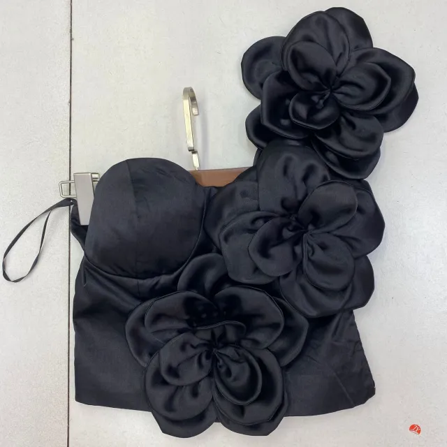 Three dimensional Large Flower Diagonal Collar Single shoulder Suspender Vest For Women Black - Shop at LoveMi