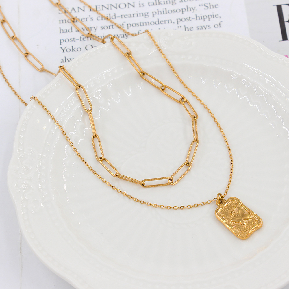 Square Plate Butterfly Print Pendant All-match Necklace