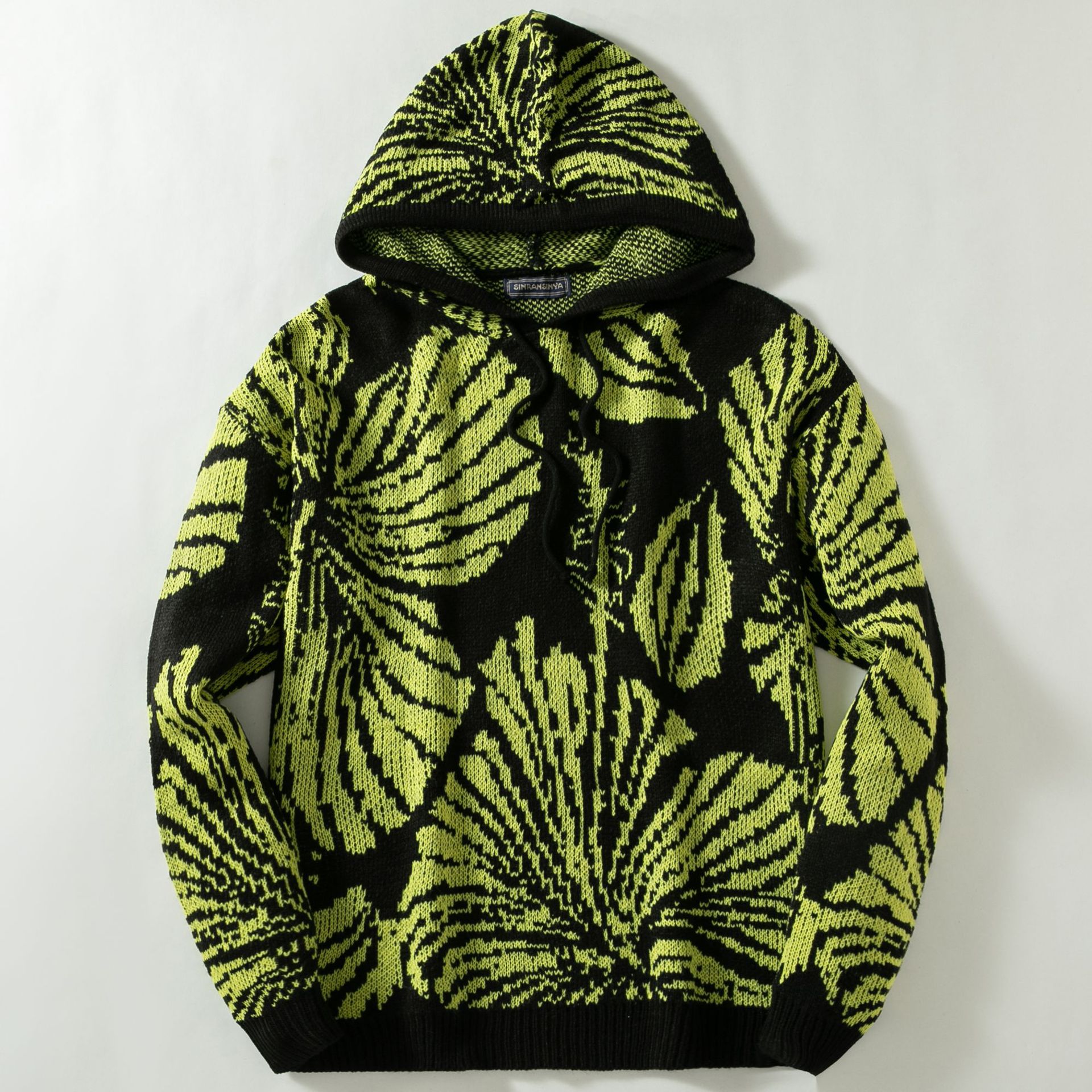 New Autumn Winter Mens Jacquard Hooded Knitted Pullover Sweater