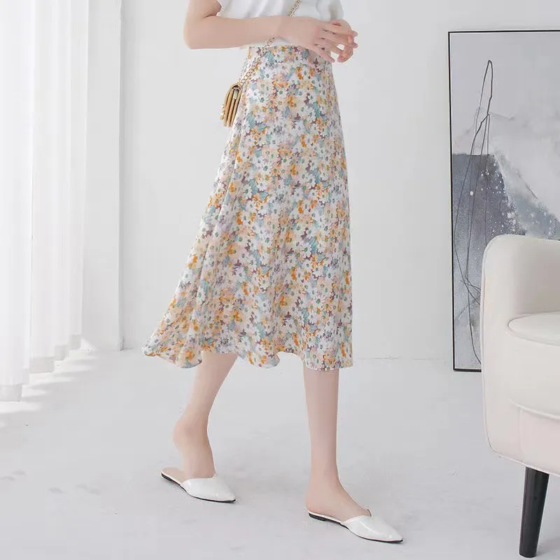Floral Skirt High Waist Chiffon Printed Mid-length - Yellow Back Elastic Waist