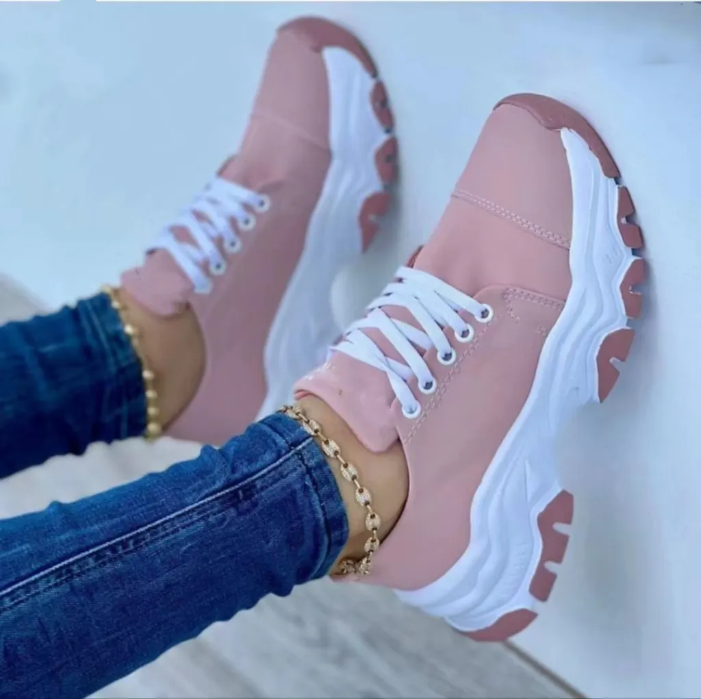 Round Head Thick Bottom Low-top Casual Shoes For Women Plus Size Lace Up Pumps - Pink