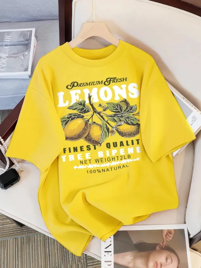 Lemon Fruit Printed Casual Fashion Casual Short Sleeve Clothing Yellow - Shop at LoveMi