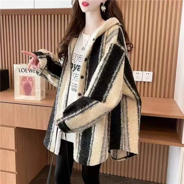 Women's Korean style Winter Hooded Profile Striped Woolen Coat White - Shop at LoveMi