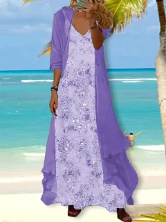 Holiday Floral Print Dress Chiffon Cardigan Two-piece Set - Purple - View 1
