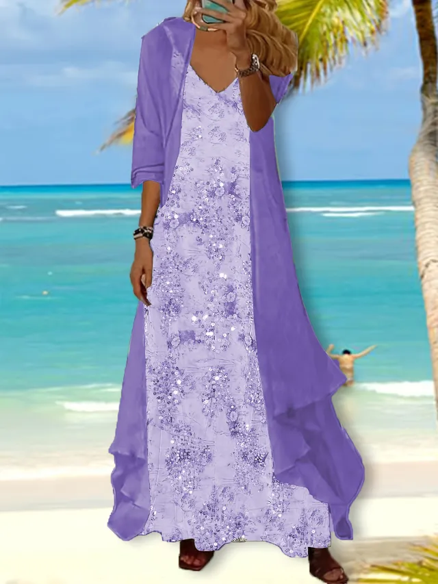 Holiday Floral Print Dress Chiffon Cardigan Two piece Set Purple - Shop at LoveMi
