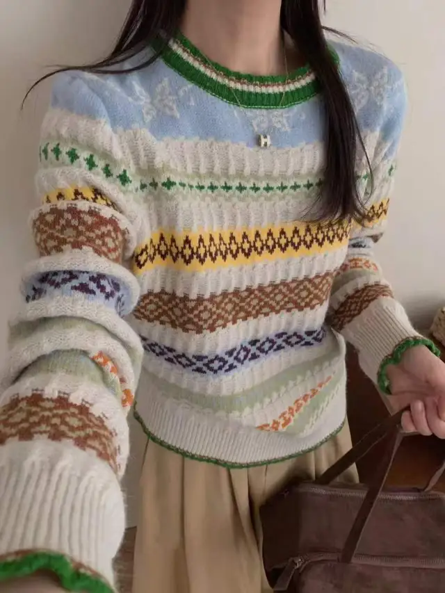 Women's Korean style High end Loose Jacquard Knitted Sweater Long Sleeve Picture Color - Shop at LoveMi