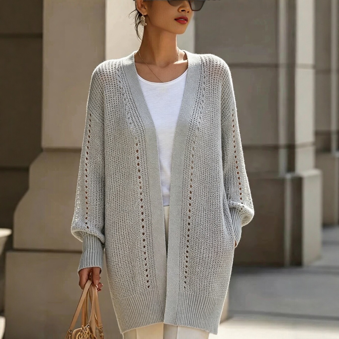Hollow-out Womens Loose-fitting Laid-back Style Coat Sweater