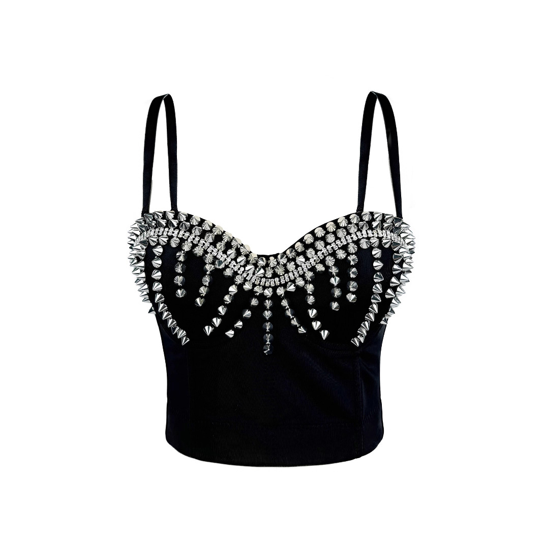 Sleek Edgy Outerwear Top With Exposed Midriff And Decorative Rivets