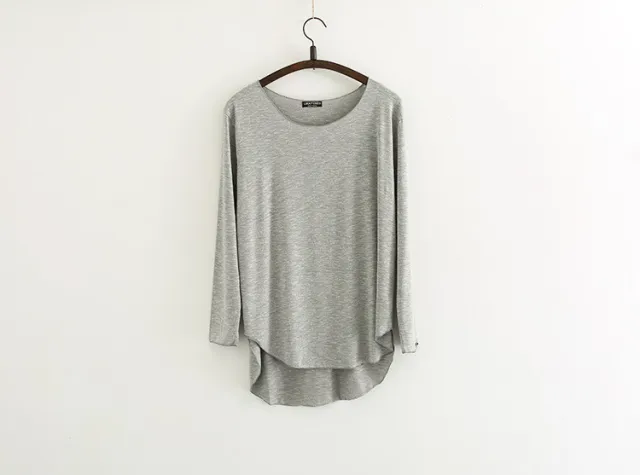 Korean style Loose Large Size Modal Slub Cotton Long sleeved T shirt Female Student Front Short Back Long Bottoming Shirt Light Gray - Shop at LoveMi
