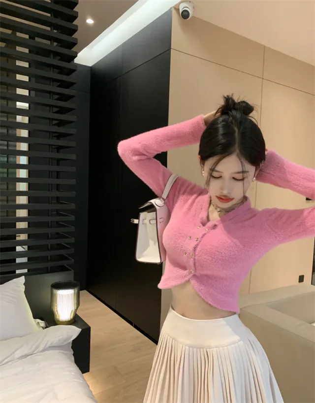 Women's Halter Double breasted V neck Sweater Pink - Shop at LoveMi