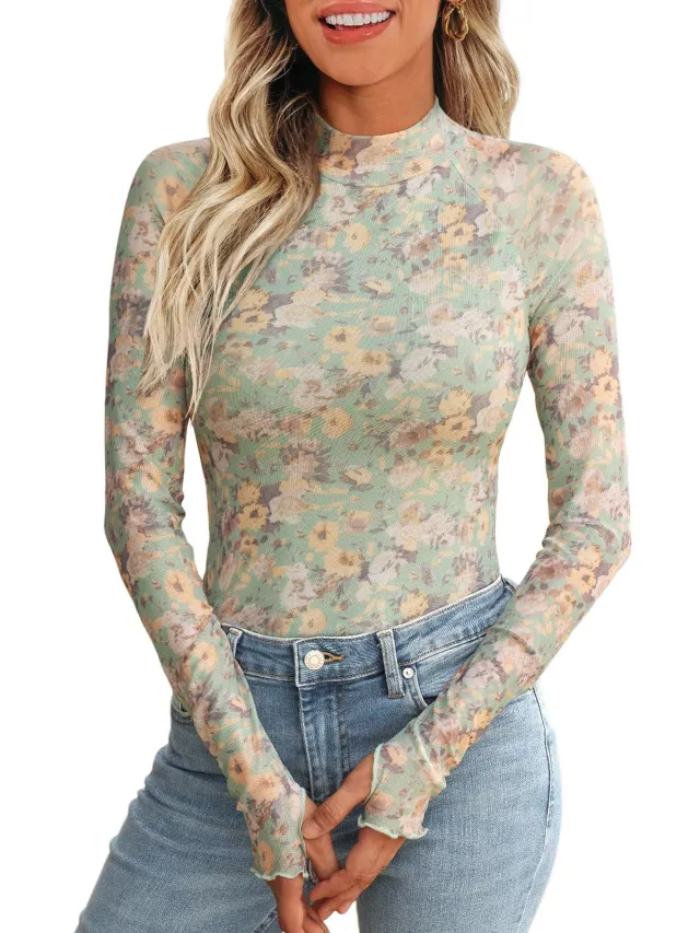 New Mesh Printed Tape Thumb Hole Turtleneck Long Sleeve Bottoming Shirt Green - Shop at LoveMi
