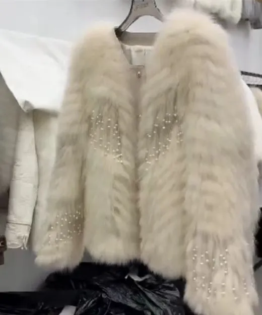 Women's Fashion Heavy Duty Fringe Loose Fur Coat Beige - Shop at LoveMi