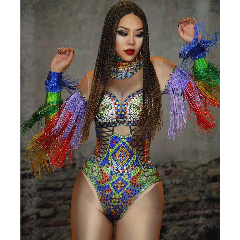 Rhinestone Tassel Tight Jumpsuit Bar Nightclub Performance Wear