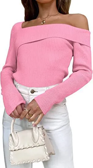 European And American Autumn Leisure Long sleeved Slim Off shoulder Knitted Sweater Pullover Top Pink - Shop at LoveMi