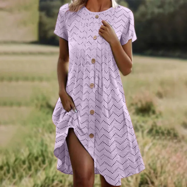 Loose fitting Casual Round neck Short Sleeve Women's Dress Violet L - Shop at LoveMi