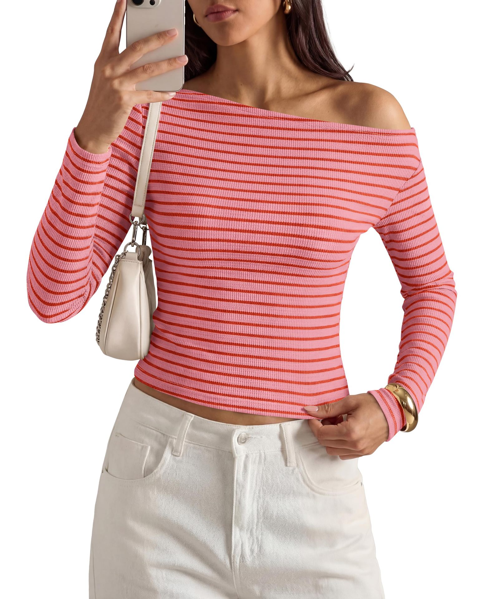 Womens Fashion Casual Striped Off-shoulder Top
