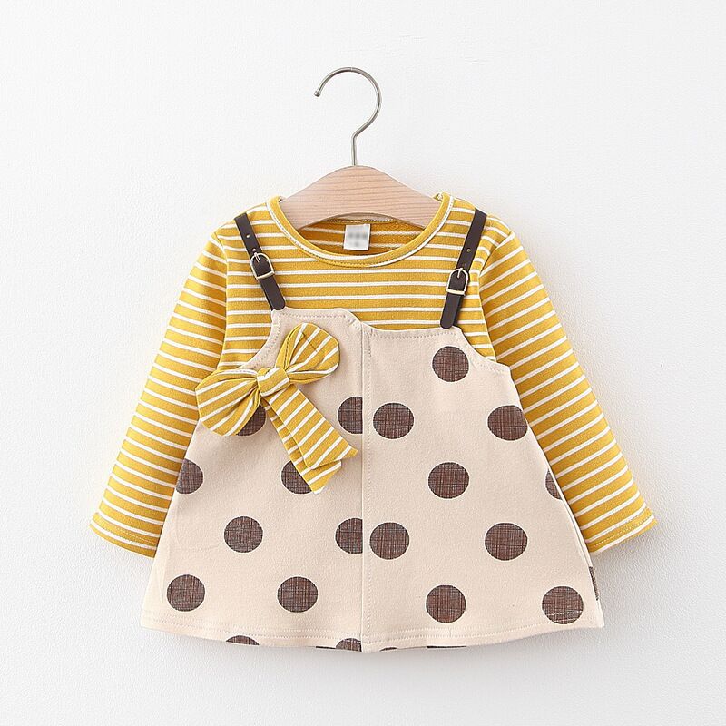 Children's Solid Color Stripes Splicing Sling Dots Fake Two-piece Skirt - Image 10