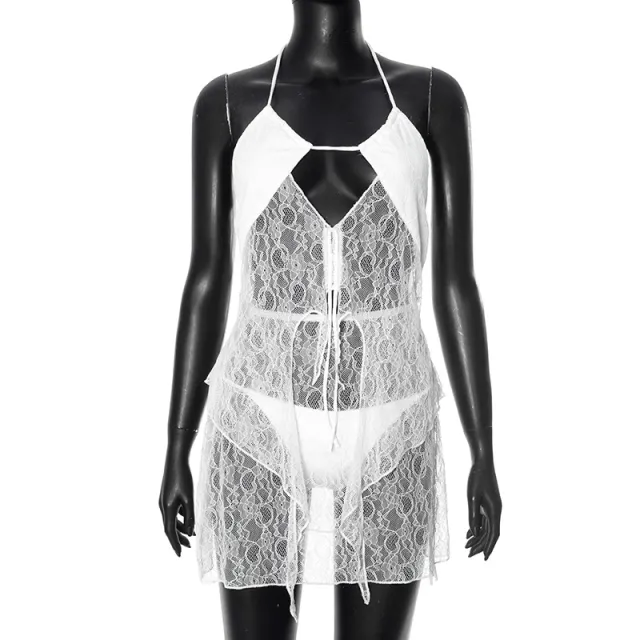 Spring And Summer Seaside Pure Desire Sexy Pure Color Mesh Slip Dress Set Women White - Shop at LoveMi