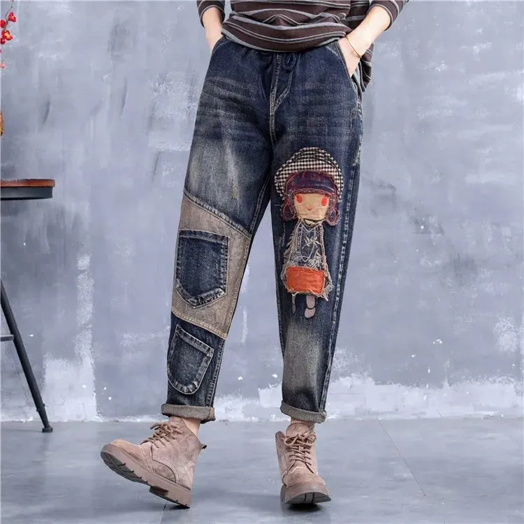 Ethnic Style Embroidered Retro Elastic Waist Jeans - 999 Models