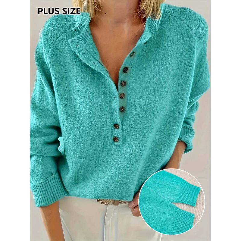 Loose Collar Decorated With Buttons Raglan Sleeve Knitted Pullover Women's Plus Size Sweater Emerald S - Shop at LoveMi