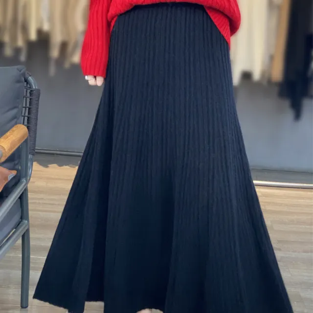 Pleated Long Wool Solid Skirt Elegant Black - Shop at LoveMi