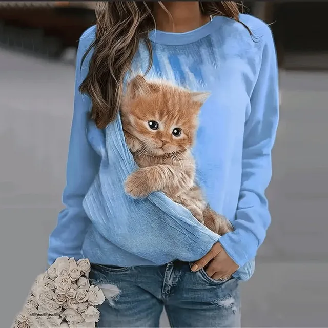 Loose Cat 3D Digital Printing Long Sleeve Crew Neck Sweater Women Sky Blue - Shop at LoveMi