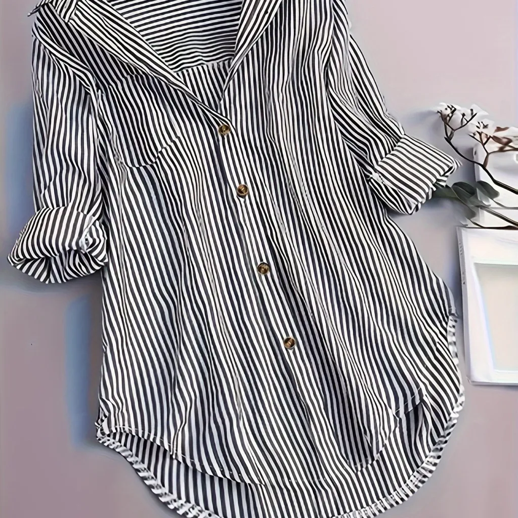 Women's Striped Button Casual Loose Long-sleeved Shirt - Black
