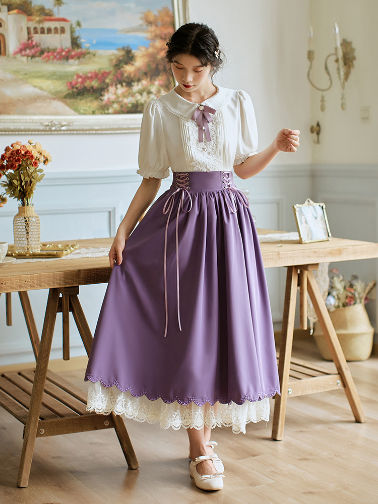 Retro College Peter Pan Collar Short Sleeve Embroidery Bud Suit Purple Suit With Bow Tie - Shop at LoveMi