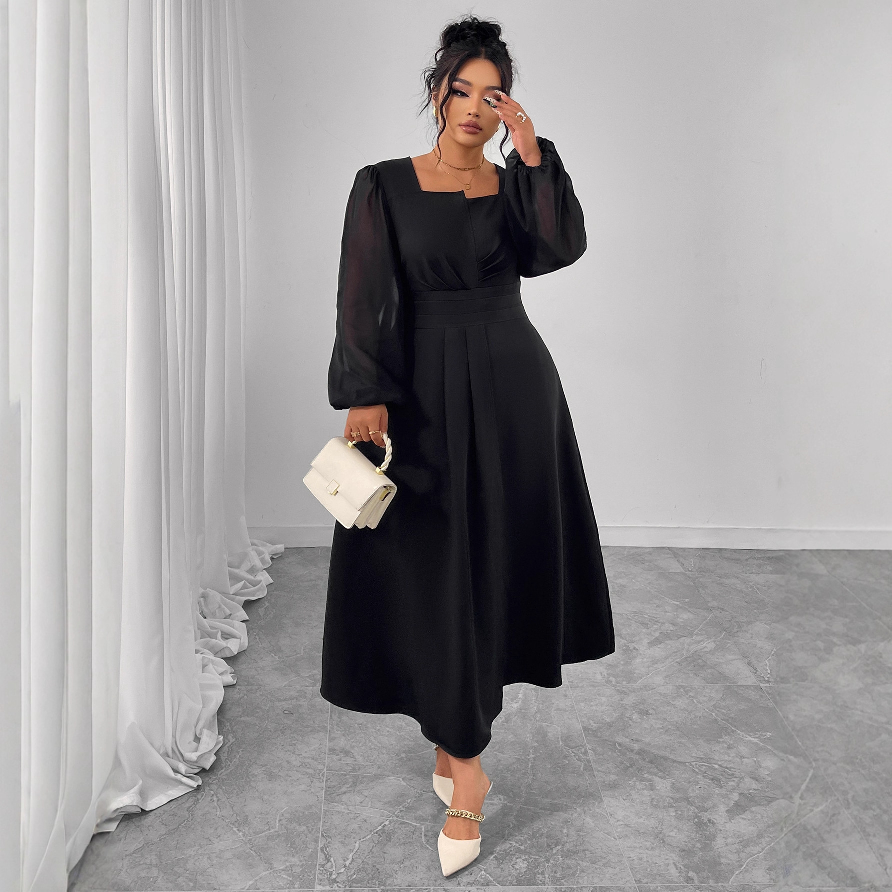 High waist Pleated Design Square Neck Long Sleeve Plus Size Dress Black - Shop at LoveMi