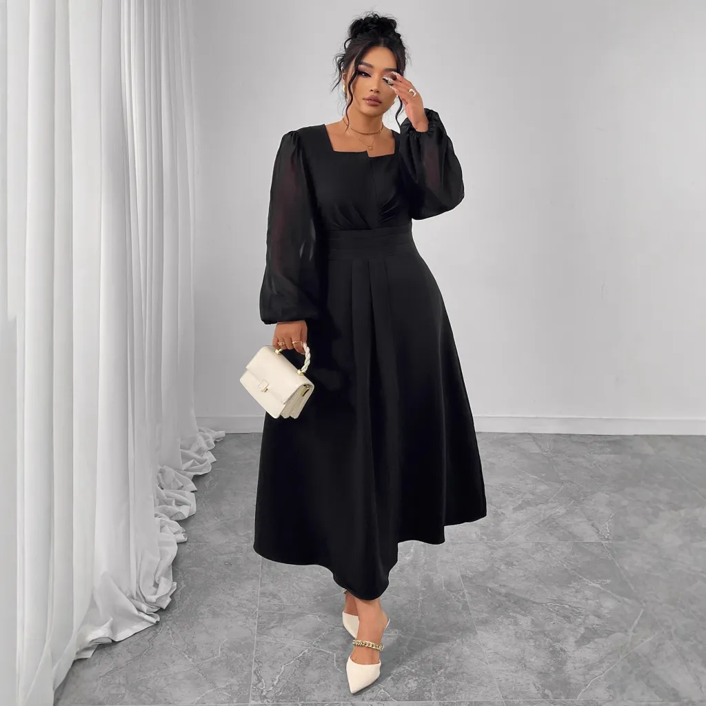 High-waist Pleated Design Square Neck Long Sleeve Plus Size Dress - Black