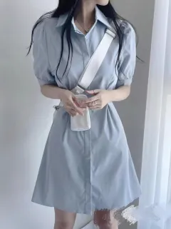 Blue Polo Collar Shirt Dress Women - Light Blue - View 1