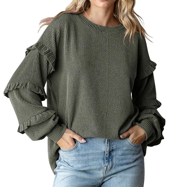 Women's Lantern Sleeve Round Neck Lace Sleeve Top Dark Green - Shop at LoveMi