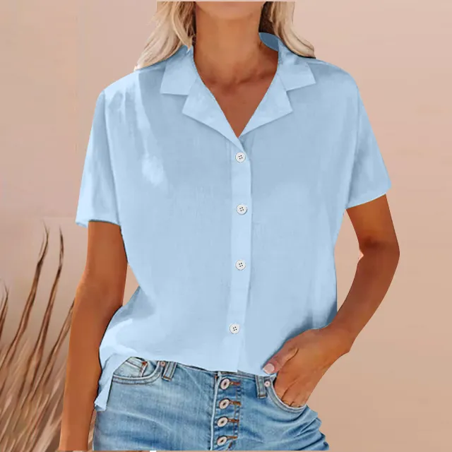Lapel Cotton And Linen Casual Shirt For Women Blue - Shop at LoveMi