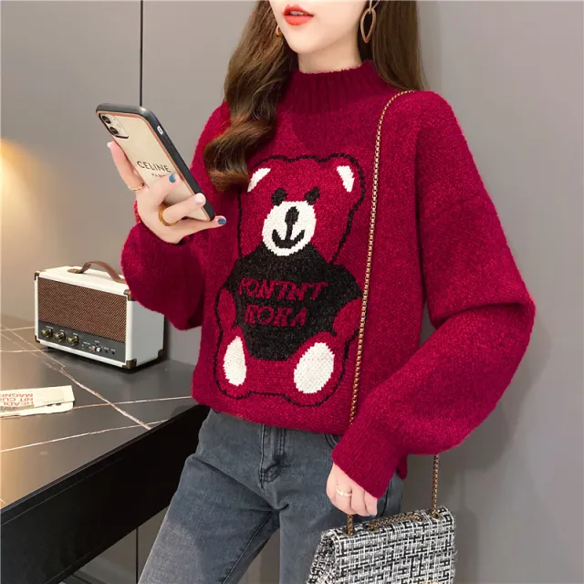Artificial Mink Fur Bear Sweater For Women Autumn And Winter Loose Thickened Knitting Red - Shop at LoveMi