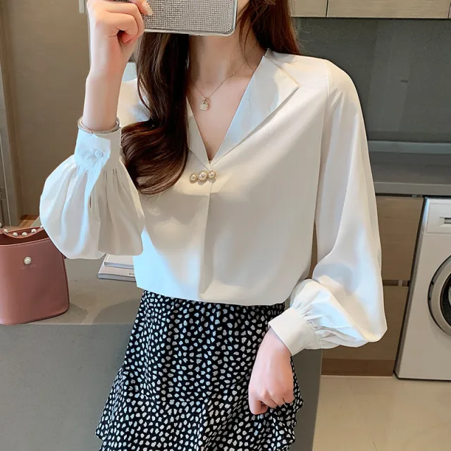 Fashion Business Chiffon Temperament Wild Loose Slimming V neck Long Sleeve Shirt White - Shop at LoveMi