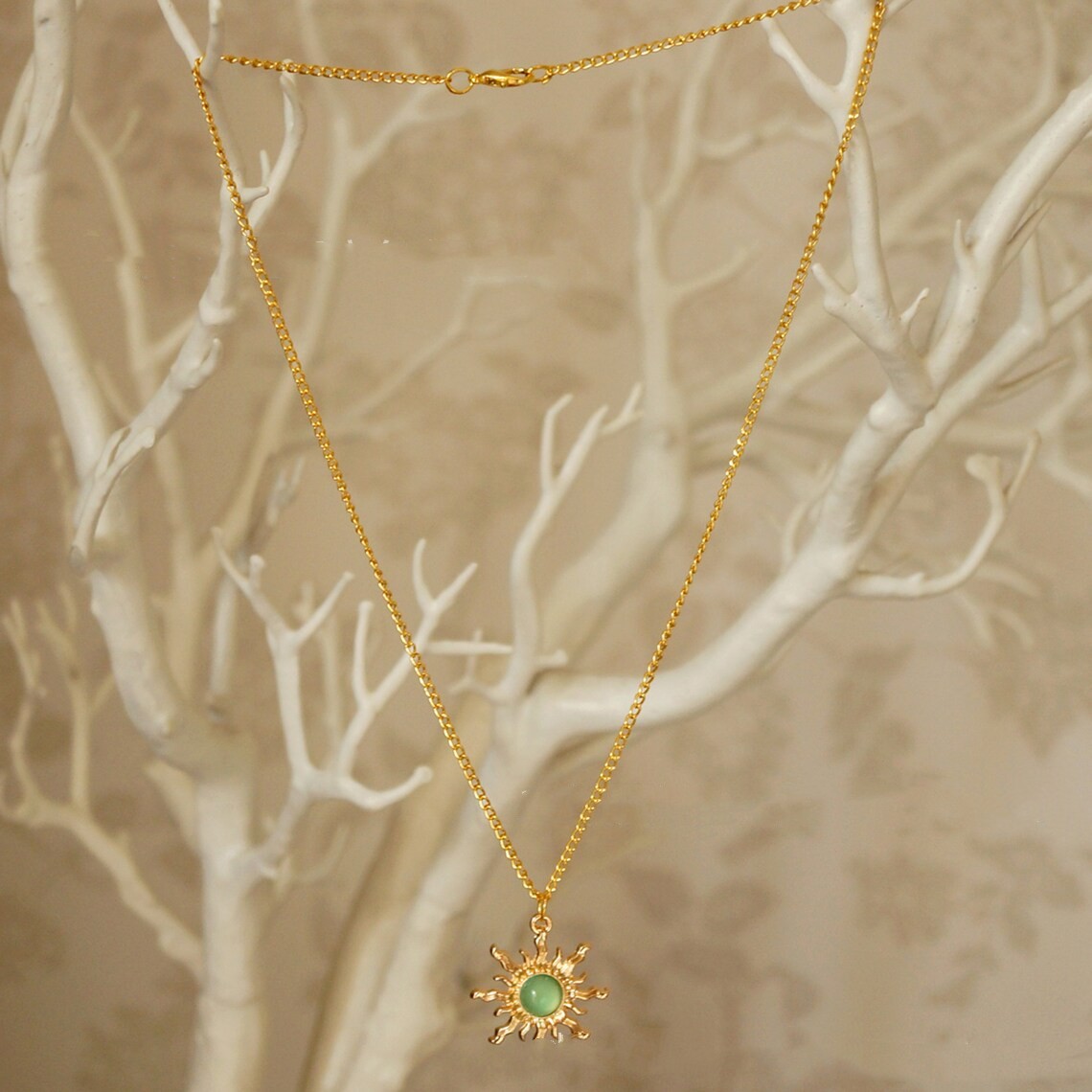 Gothic Cold Gold And Light Green Sun Necklace