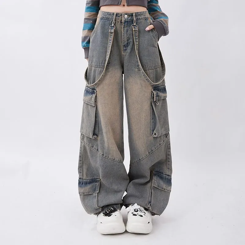 Retro Workwear Distressed Pocket Design Straight Mopping Pants - Retro Blue