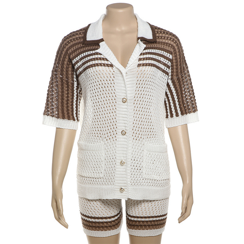 Summer Fashion Hollowed-out Polo Collar Top High Waist Shorts Knit Casual Suit