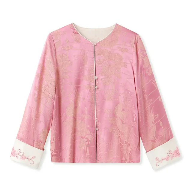 Retro Beaded Embroidery Design Blouse Mulberry Silk Graceful And Fashionable Coat Pink - Shop at LoveMi