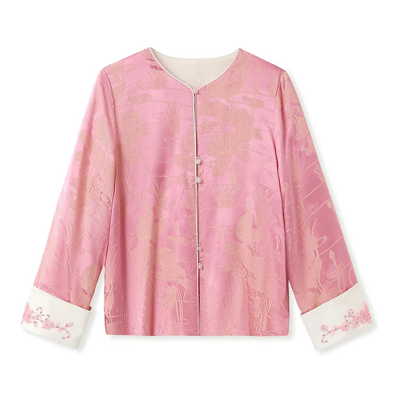 Retro Beaded Embroidery Design Blouse Mulberry Silk Graceful And Fashionable Coat - Pink
