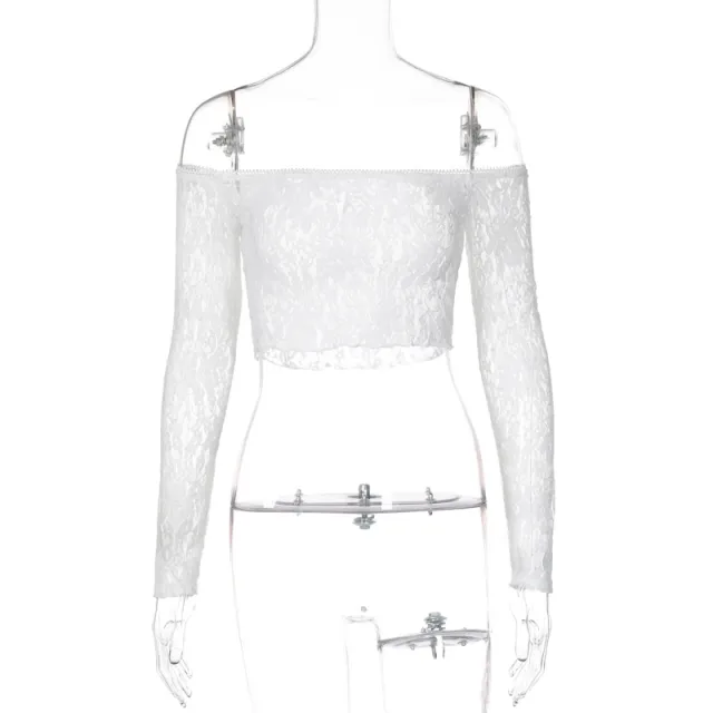 See through Lace Chest Wrap Off shoulder Collar Long Sleeve Beige - Shop at LoveMi