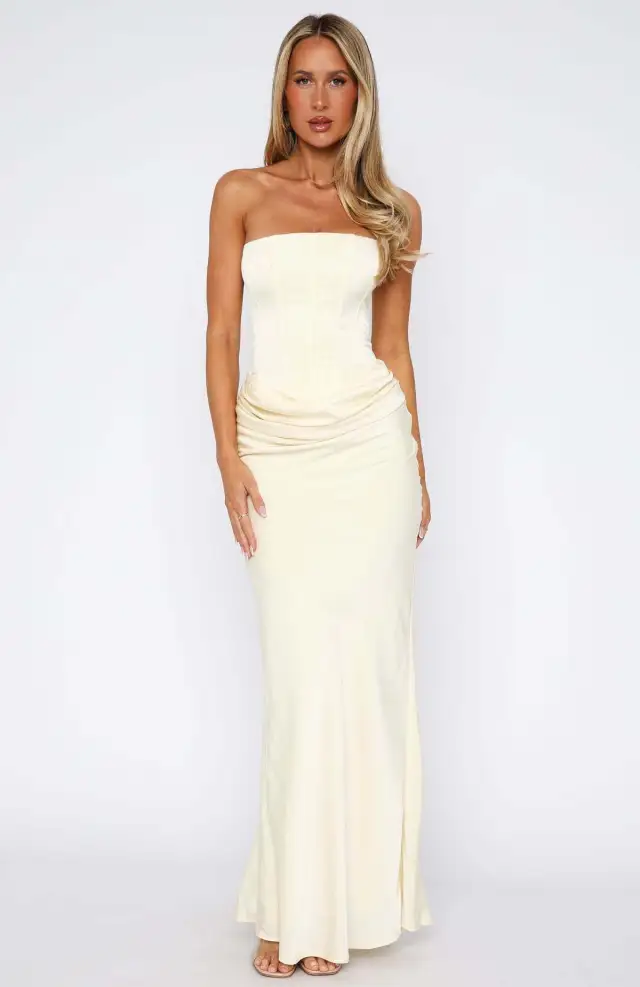 Wrapped Chest Lace up Fishbone Slim Sheath Satin Long Dress Milky White - Shop at LoveMi