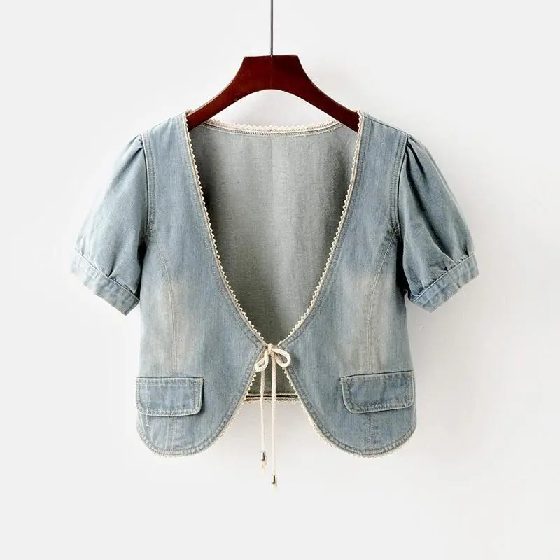 Denim Coat Short All-matching Slim Fit Slimming Short Sleeve Shawl - Blue