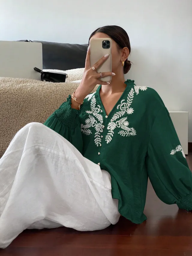 V neck Machine Embroidery Pearl Single breasted Lantern Long Sleeve Top Dark Green - Shop at LoveMi