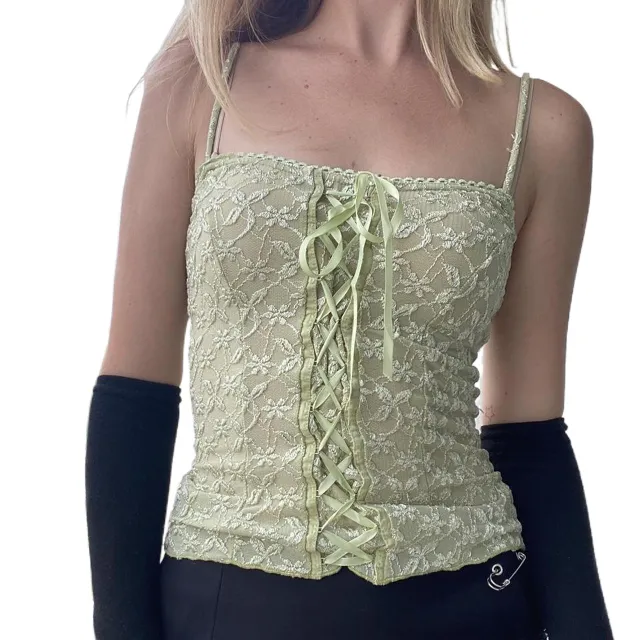Small Sling Lace Stitching Tied Top Green - Shop at LoveMi