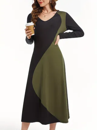 Color Block Patchwork V Neck T Shirt Long Sleeve Dress Green - Shop at LoveMi
