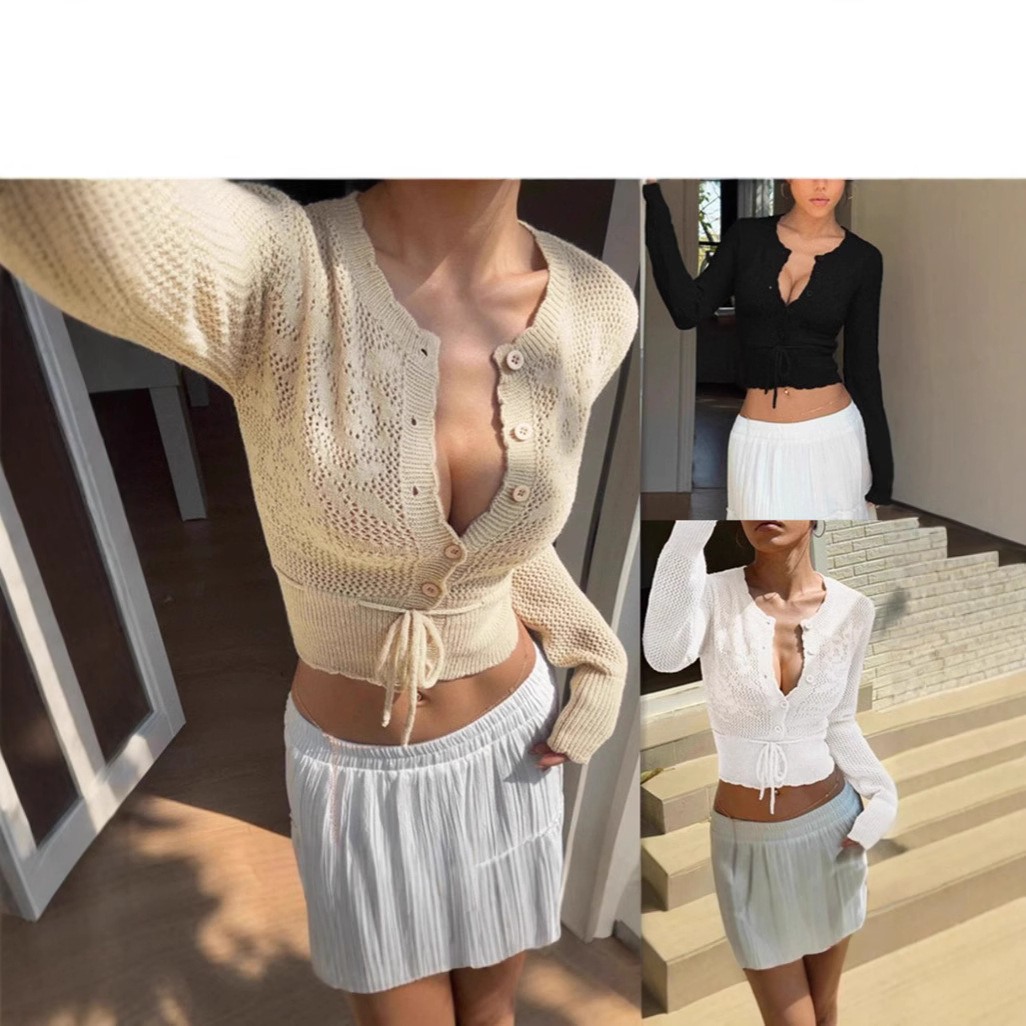 Women's Floral Hollow-Out Casual Single-Breasted Cropped Cardigan
