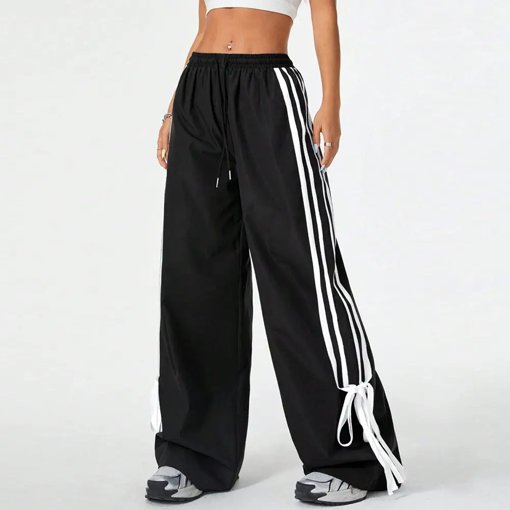 High Waist Wide Leg Pants Women's Spring Summer New Style Three Bars Drawstring Cuffed Straight Casual Extended Sports Trousers