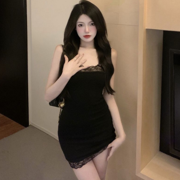 Square neck Lace Cami Short Dress For Women, Slim And Slimming Black - Shop at LoveMi